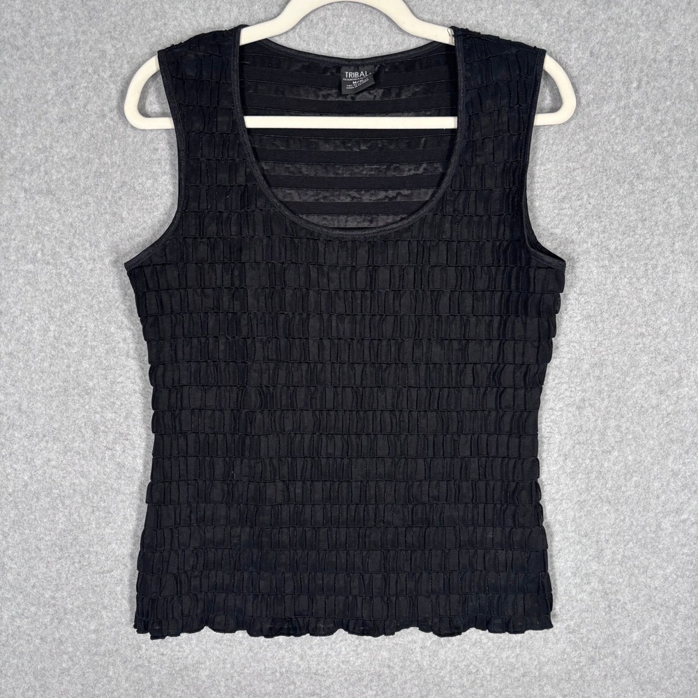 Tribal Smocked Shell Tank Top Medium Black Metallic Textured Ruffles Whimsigoth